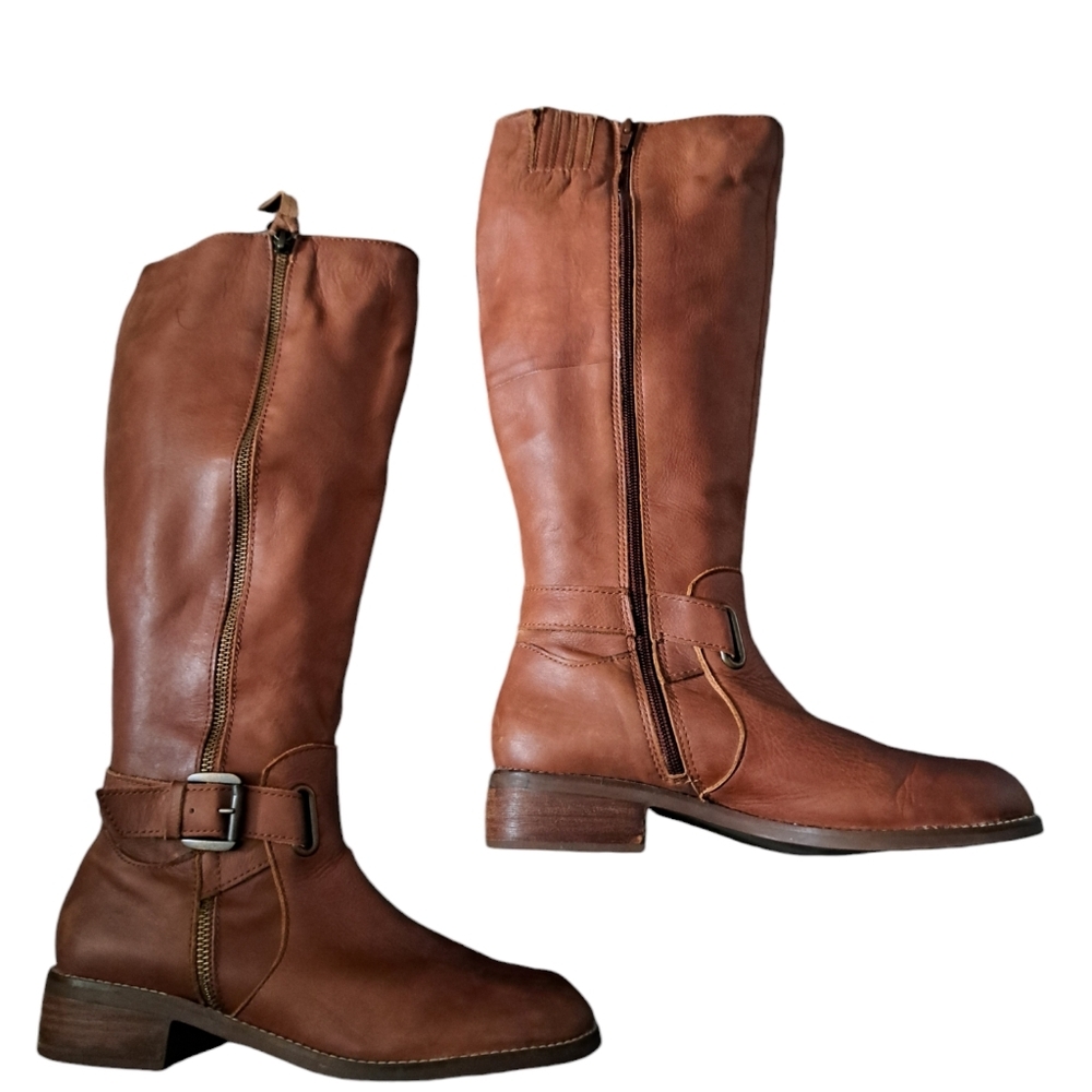SEYCHELLES ANTHROPOLOGIE tall leather riding boots Southwestern cognac buckle 9